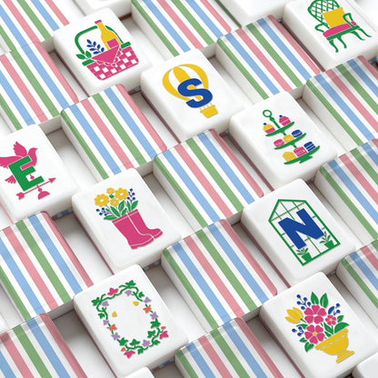 Preppy Pastel Striped Floral Garden Engraved American Mahjong Tiles And Carry Case