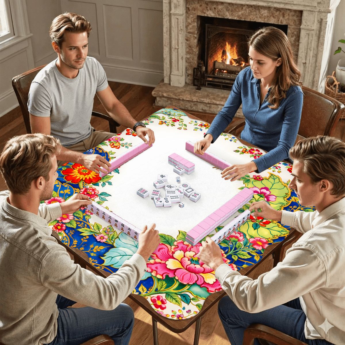Tobacco Leaf Asian Chinoiserie Floral Scalloped Mahjong Mat - Splash of Color Co.