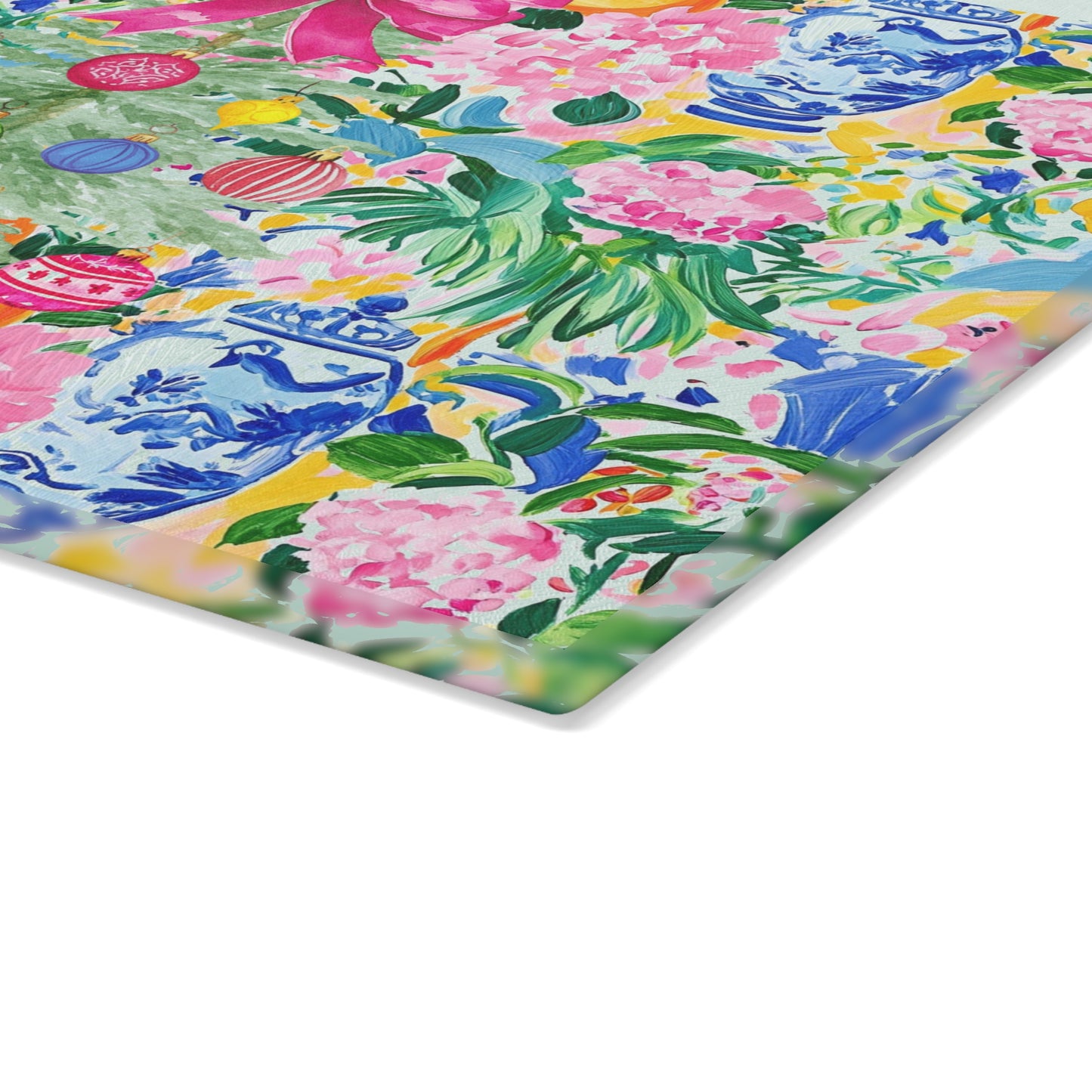 Christmas Chinoiserie Floral Festive Floral Glass Cutting Board - Holiday Kitchen Decor - Splash of Color Co.