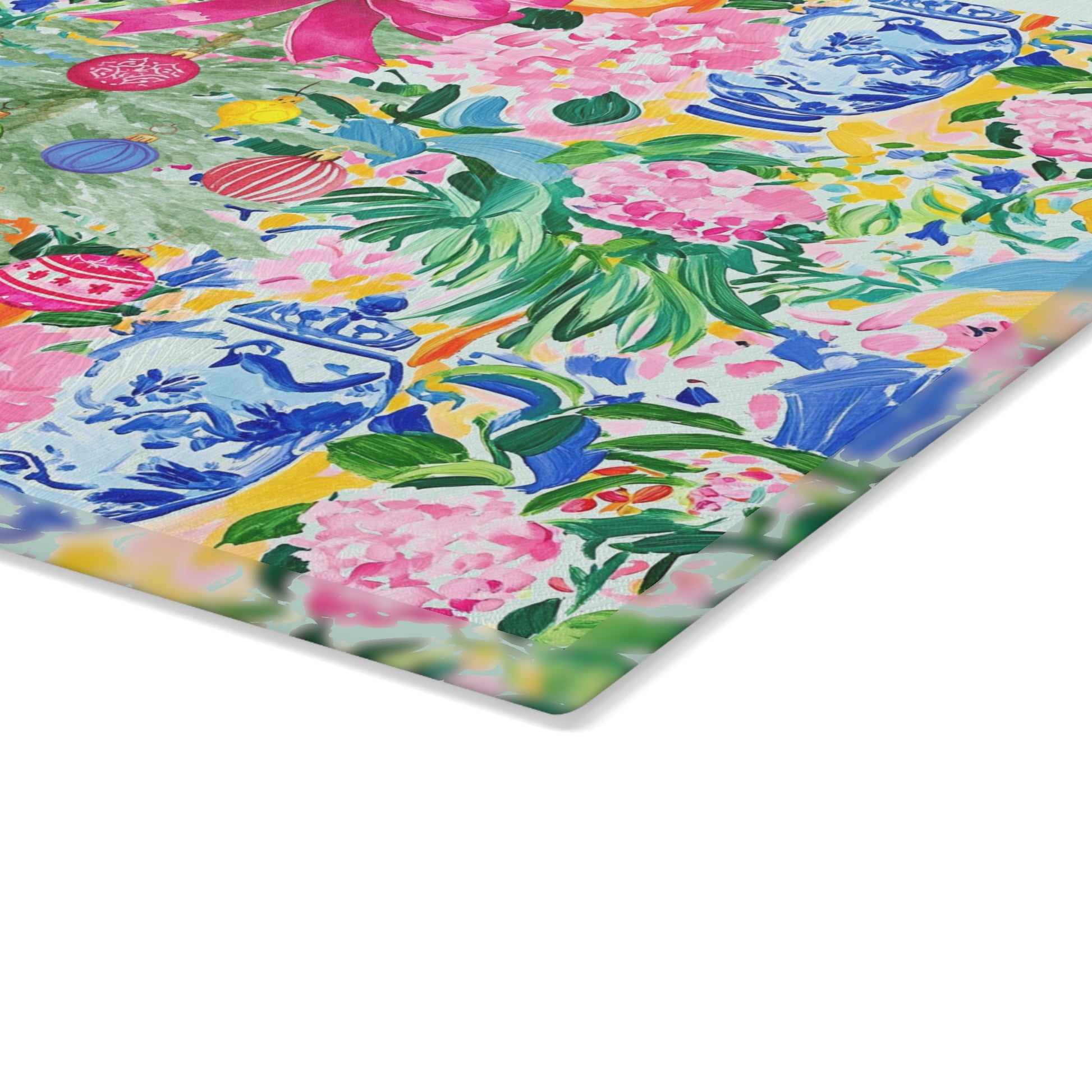 Christmas Chinoiserie Floral Festive Floral Glass Cutting Board - Holiday Kitchen Decor - Splash of Color Co.
