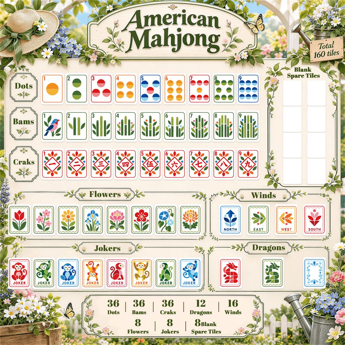 Modern Scandinavian Folk American Mahjong Tiles 4 Layer Acrylic With Carry Case - Splash Of Mahj And Color Co.