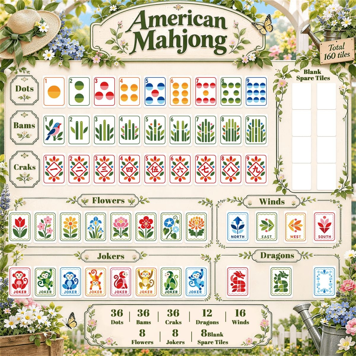 Scandinavian Red Flower Modern Folk American Mahjong Tiles 4 Layer Acrylic With Carry Case - Splash Of Mahj And Color Co.