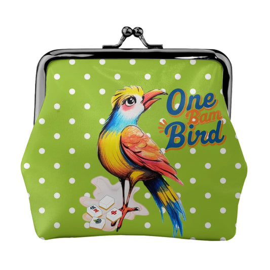 Whimsical Citrus Green Polka Dot One Bam Bird Mahjong Lover Gift Women's Kiss Lock Coin Purse