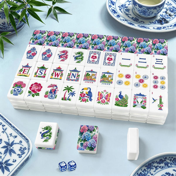 Blooming Hydrangeas Chinoiserie Mahjong Tiles With Carry Case - Splash Of Mahj And Color Co.