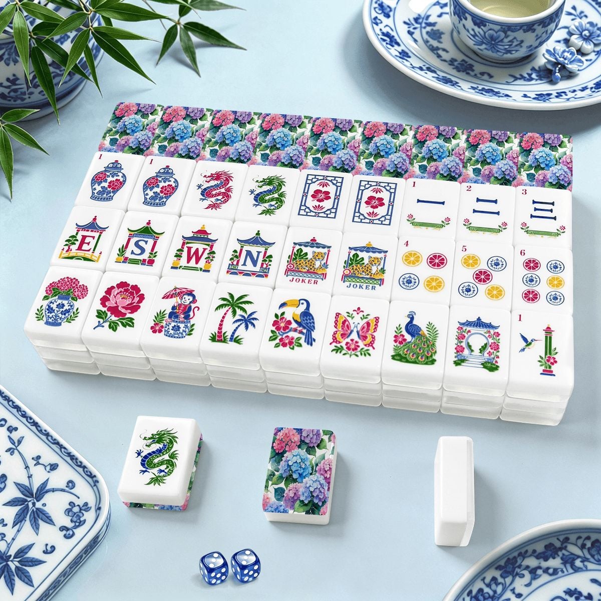 Blooming Hydrangeas Chinoiserie Mahjong Tiles With Carry Case - Splash Of Mahj And Color Co.