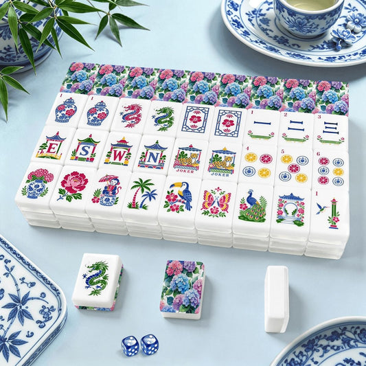 Blooming Hydrangeas Chinoiserie Mahjong Tiles With Carry Case - Splash Of Mahj And Color Co.