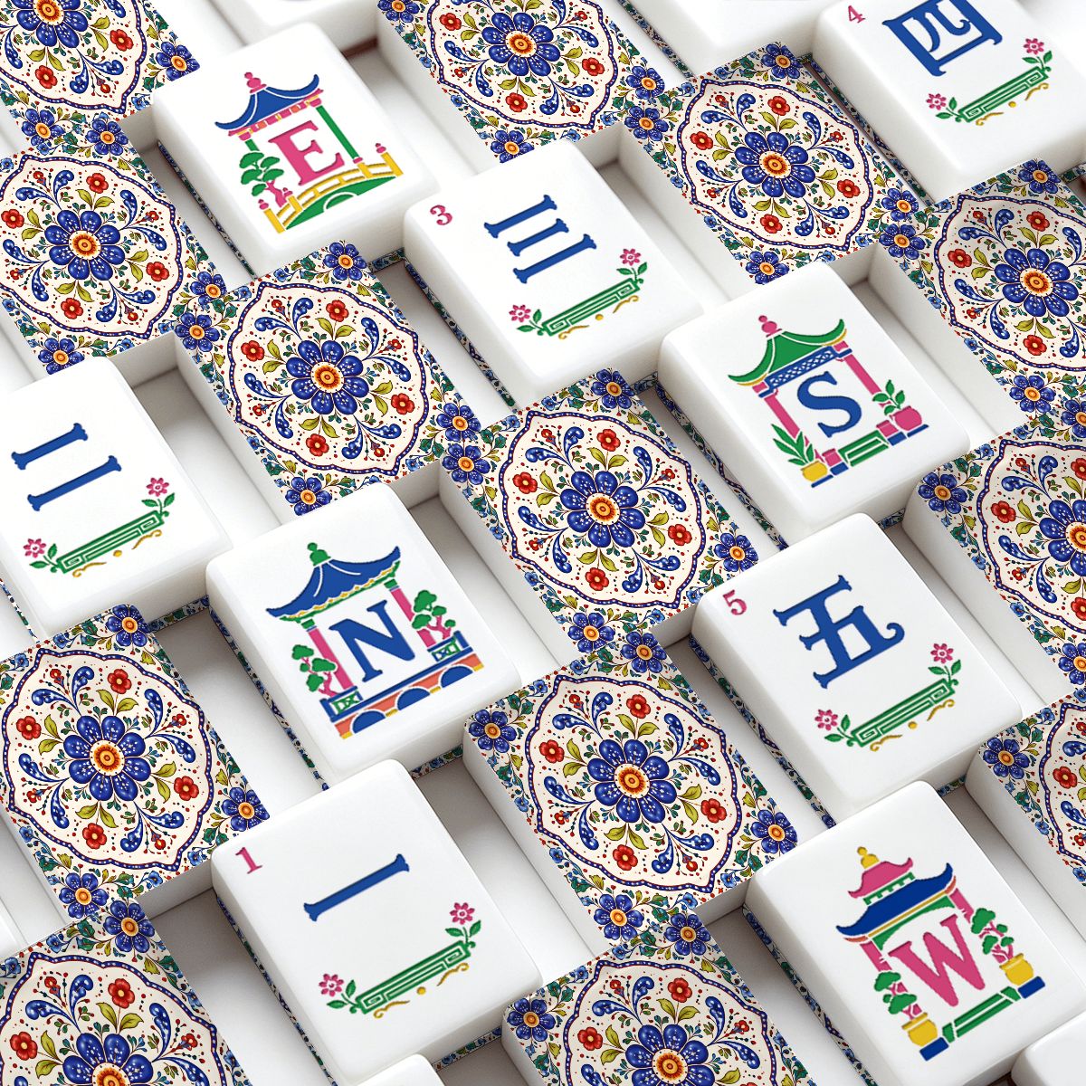 Blue Pottery Porcelain Engraved Chinoiserie Mahjong Tiles And Carry Case