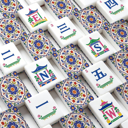 Blue Pottery Porcelain Engraved Chinoiserie Mahjong Tiles And Carry Case