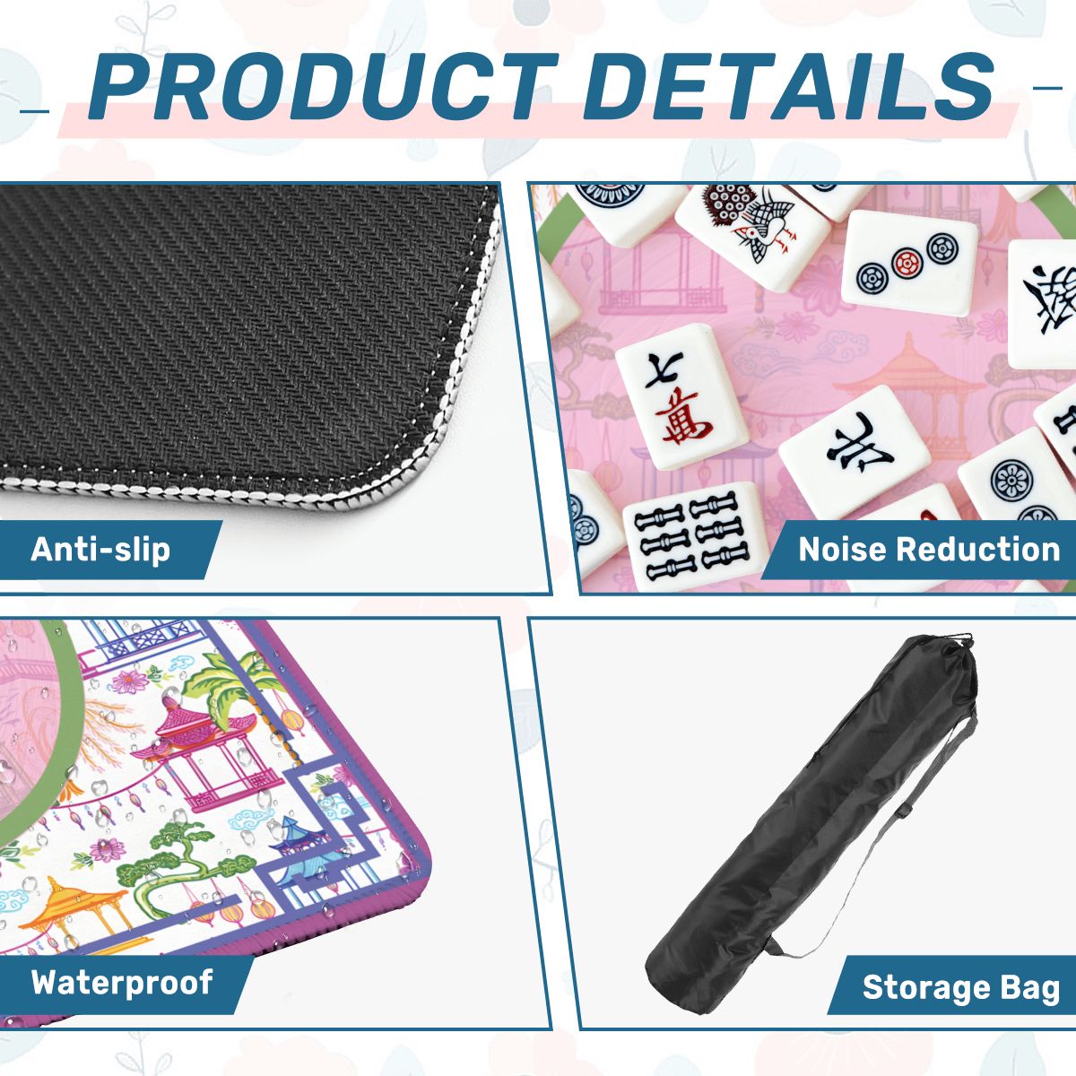 Asian Chinoiserie Gardens, Pagoda, Lantern Lavender And Blue Mahjong Mat - Splash of Color Co.