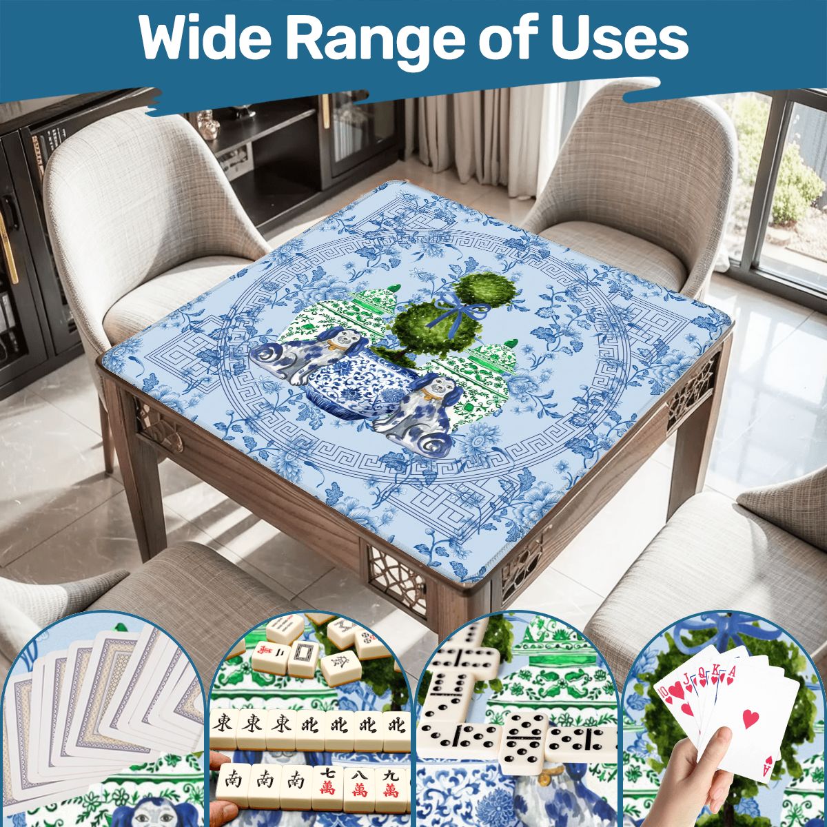 Staffordshire Dogs, Blue Chinoiserie Floral Mahjong Mat