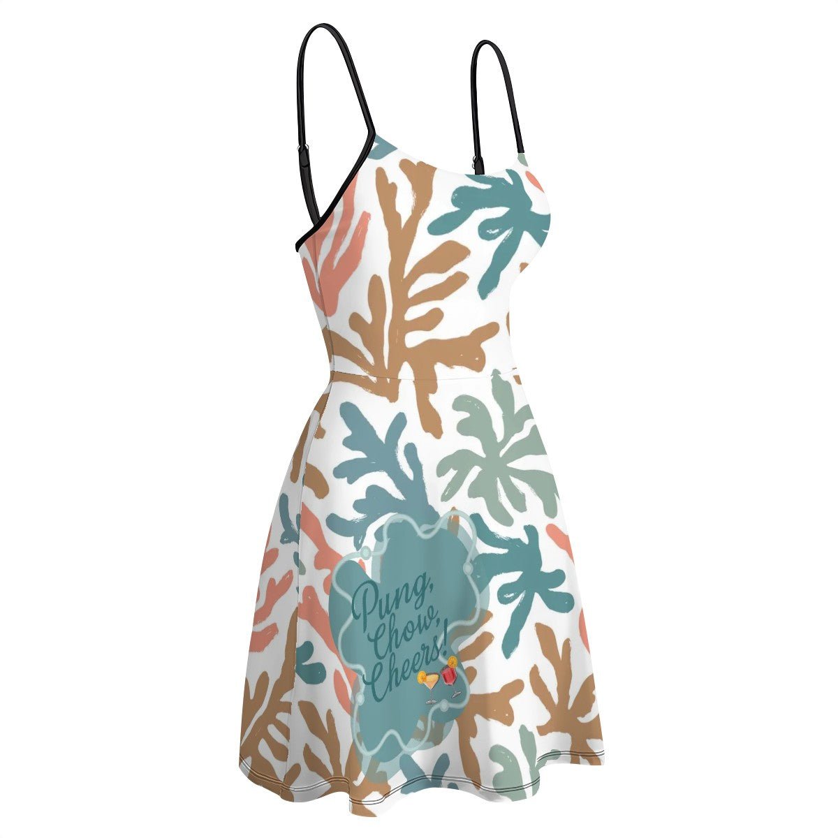 Coral Reef Pung Chow Cheers Mahjong Short Spaghetti Strap A - Line Dress - Splash of Color Co.