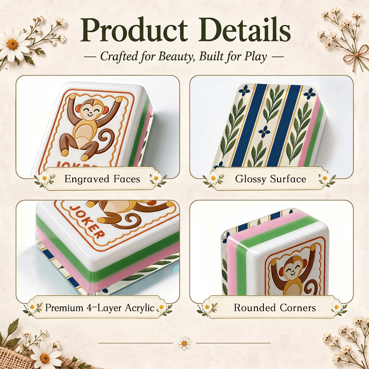 Modern Floral Green And Blue Folk American Mahjong Tiles  4 Layer And Carry Case
