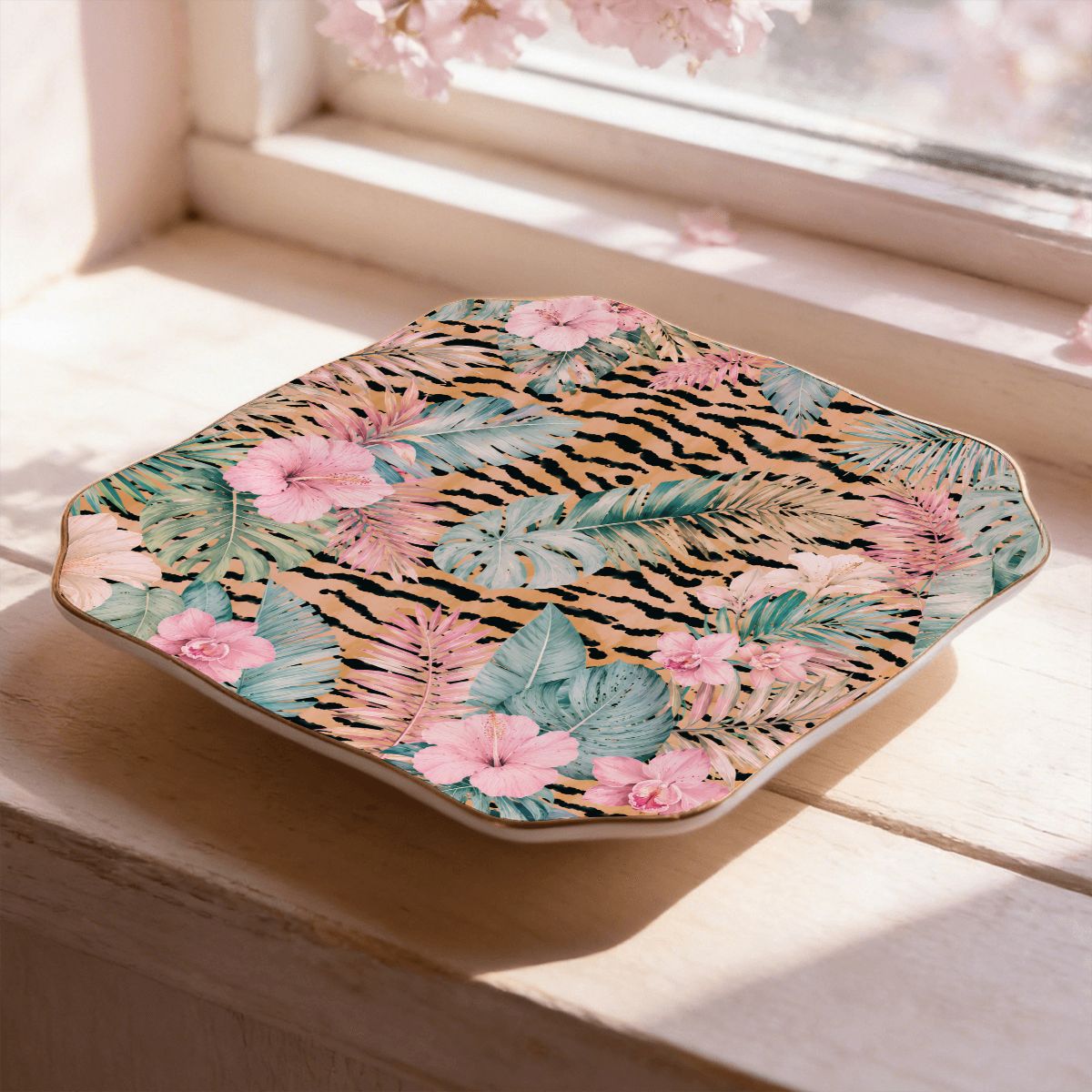 Tropical Jungle Tiger'es Scalloped Ceramic Mahjong Dice Tray - Splash Of Mahj And Color Co.