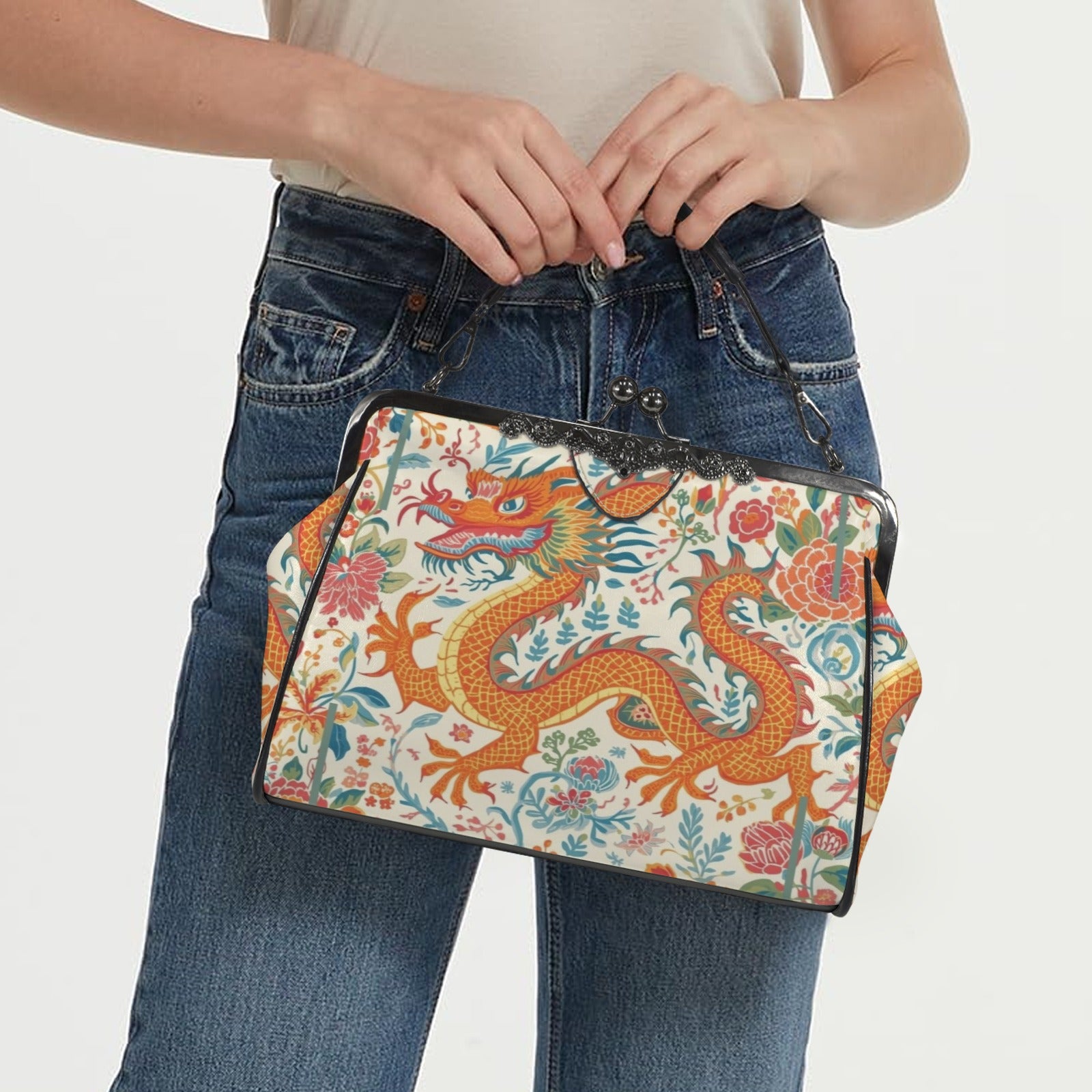 Asian Dragon Bold And Eclectic Modern Vintage Kisslock Shoulder Handbag - Splash of Color Co.
