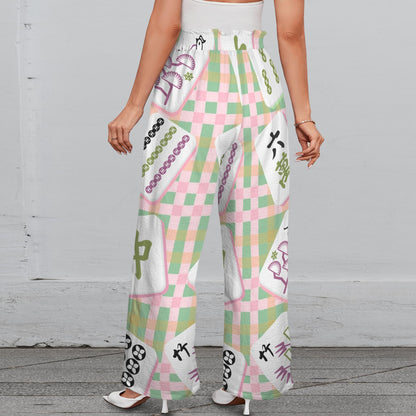 Preppy Trendy Mahjong Pants With Belt, Pink Green Striped And Mahj Tile Print - Splash of Color Co.