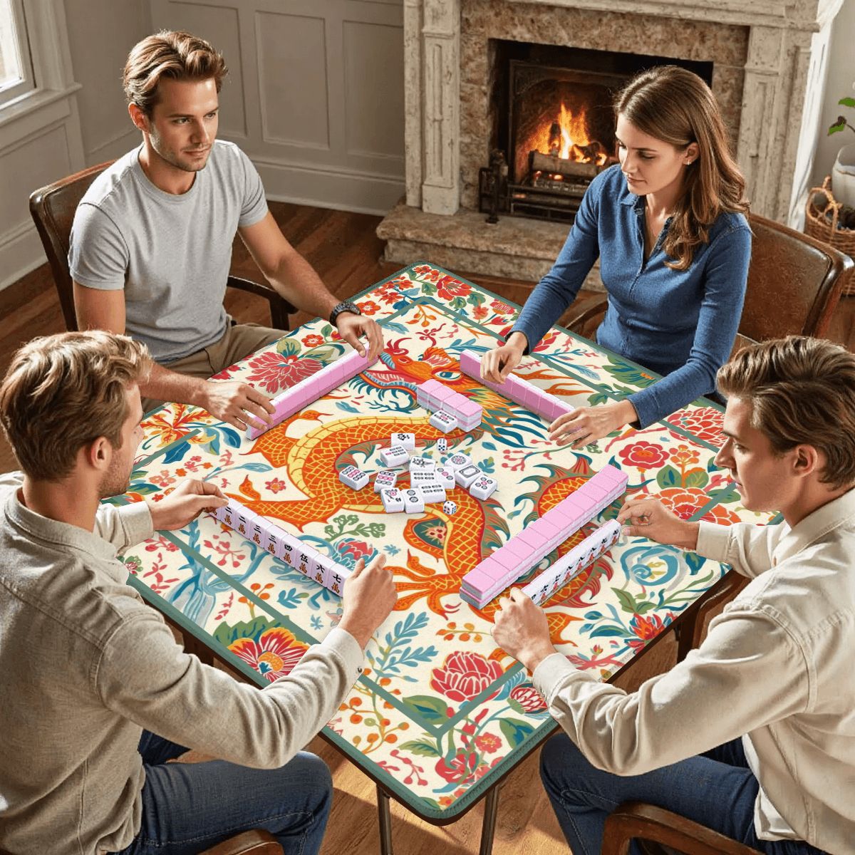 Chinese Dragon Mahjong Mat, Whimsical Colorful Asian Motif Mahj