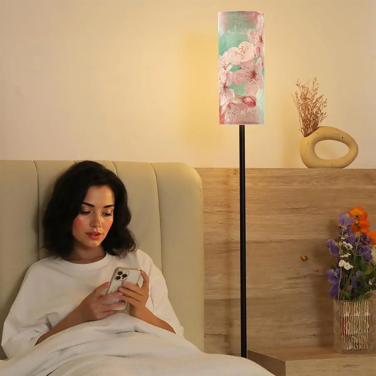 Asian Cherry Blossom Watercolor Modern Book Nook Floor Lamp - Splash of Color Co.