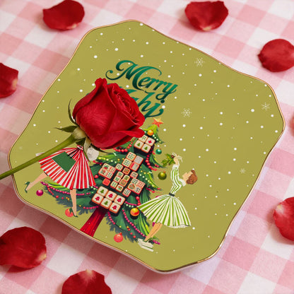 Merry Mahj Christmas Scalloped Ceramic Mahjong Dice Tray