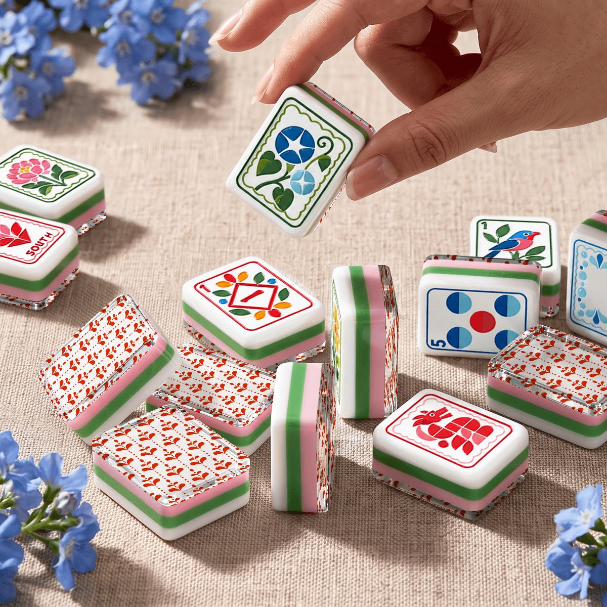 Scandinavian Red Flower Modern Folk American Mahjong Tiles 4 Layer Acrylic With Carry Case - Splash Of Mahj And Color Co.