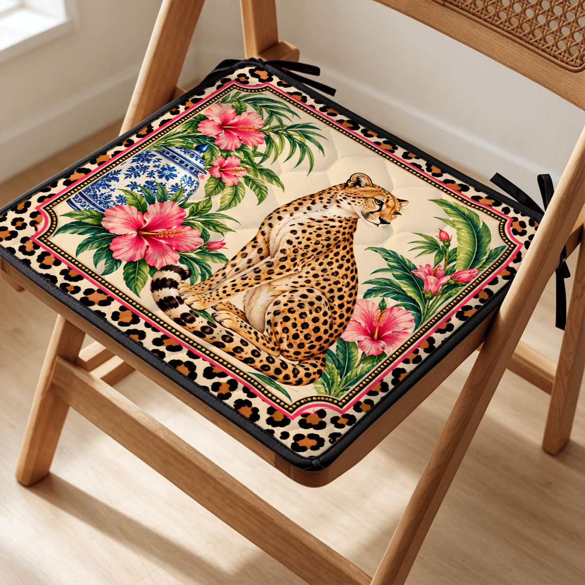 Leopard Chinoiserie Print Quilted Chair Cushion