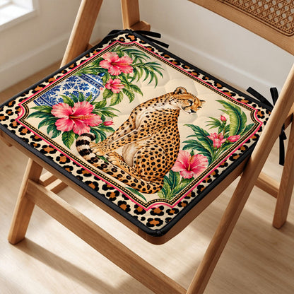 Leopard Chinoiserie Print Quilted Chair Cushion