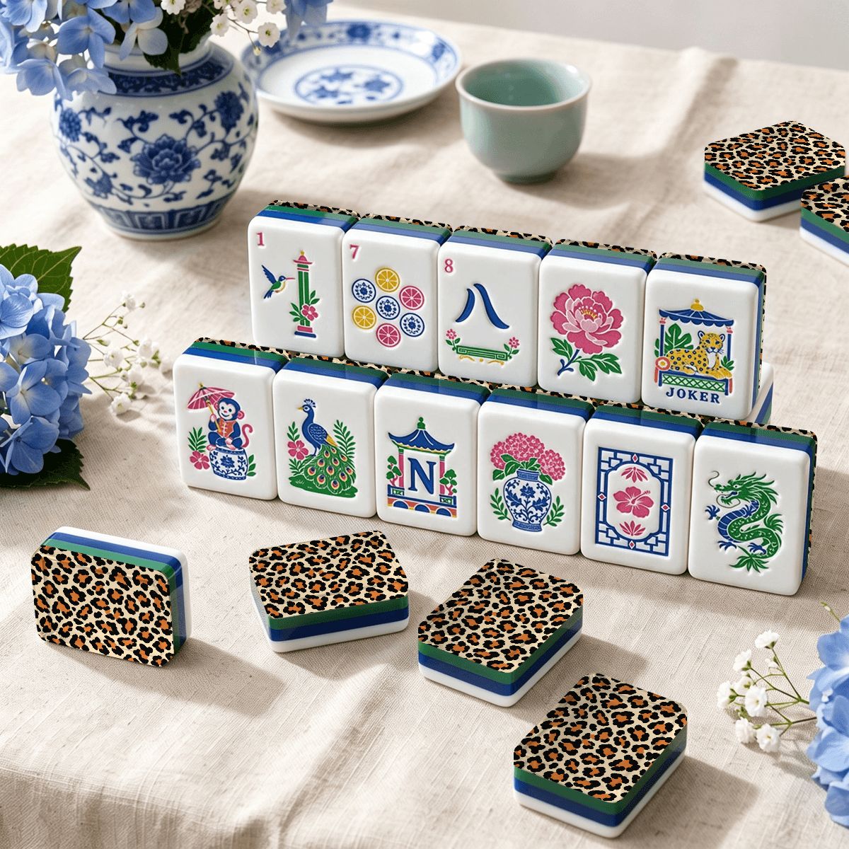 Wild Side Leopard Print Chinoiserie Chic American Mahjong Tiles And Carry Case - Splash Of Mahj And Color Co.