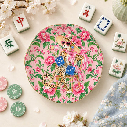GrandMillenial Chic Leopard Round Scalloped Ceramic Mahjong Dice Tray - Splash Of Mahj And Color Co.
