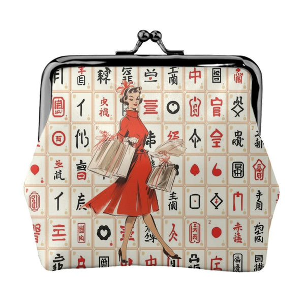 Mahjong Vintage Diva Whimsical Nostalgic Women's Leather Kiss Lock Coin Purse - Splash of Color Co.