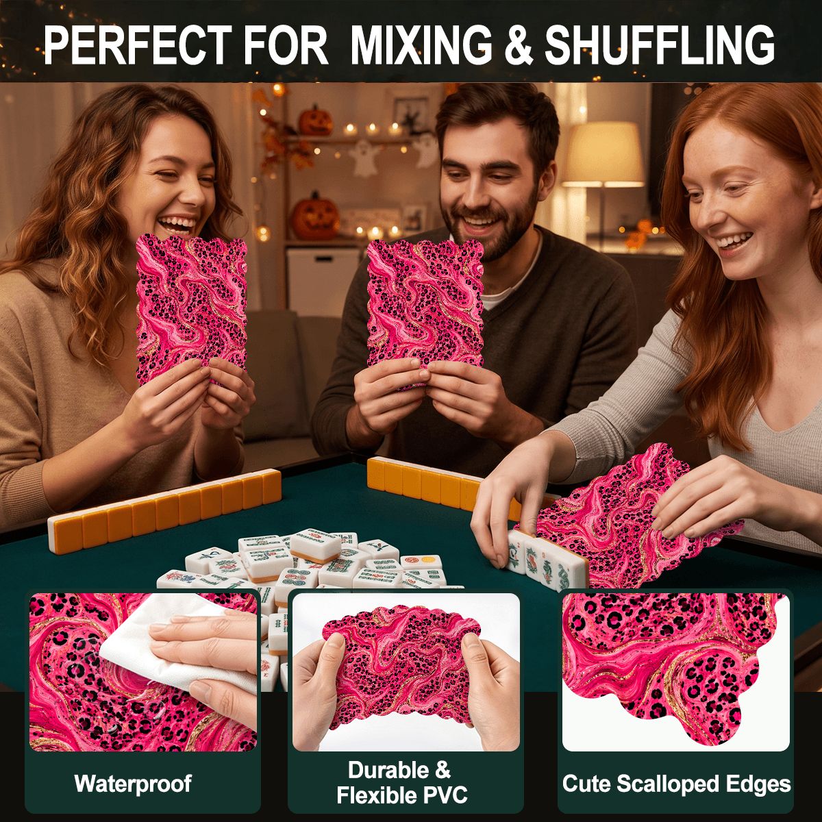 Leopard Luxe Glitz And Glam Pink Scalloped Mahjong Shuffler Cards Set of 4 - Splash Of Mahj And Color Co.