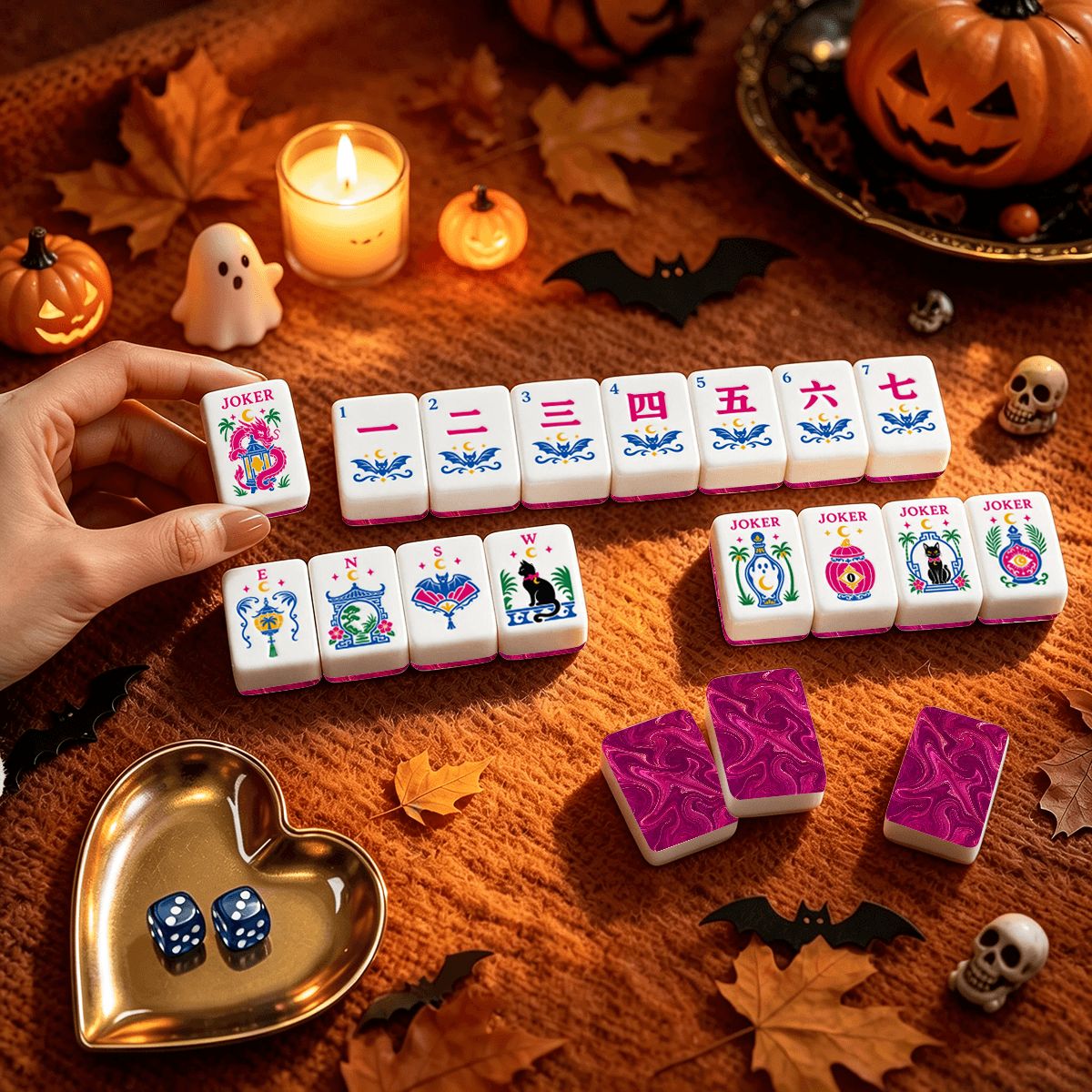 Marbled Hot Pink Dragon's Coven Halloween Mahjong Tiles With Carry Case - Splash Of Mahj And Color Co.