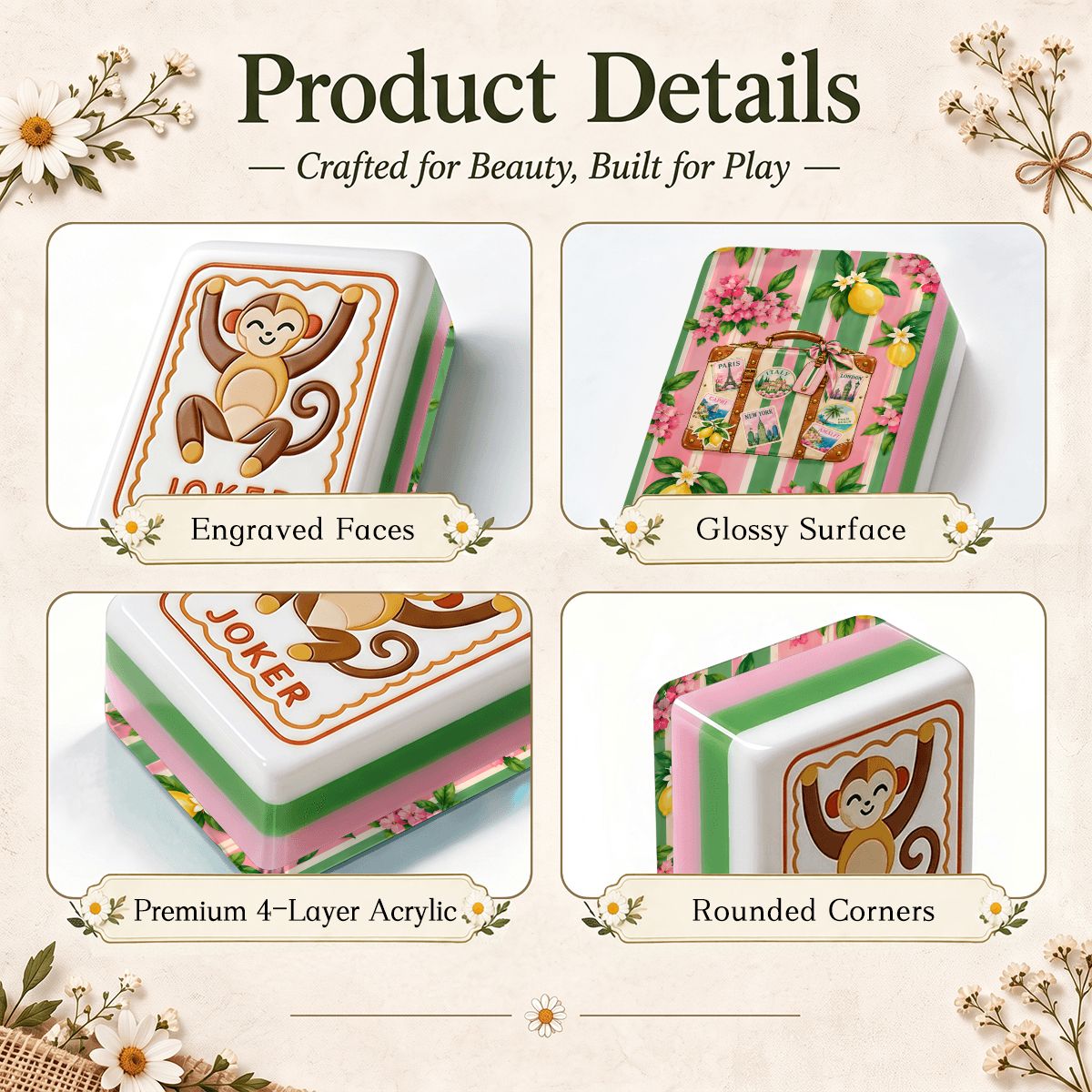 Preppy World Traveler Modern Folk American Mahjong Tiles 4 Layer Acrylic With Carry Case - Splash Of Mahj And Color Co.