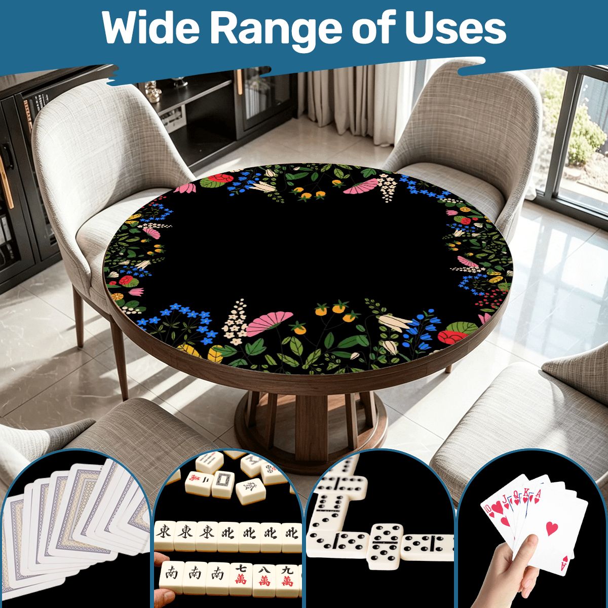 Boho Wildflower Black Round Mahjong Mat
