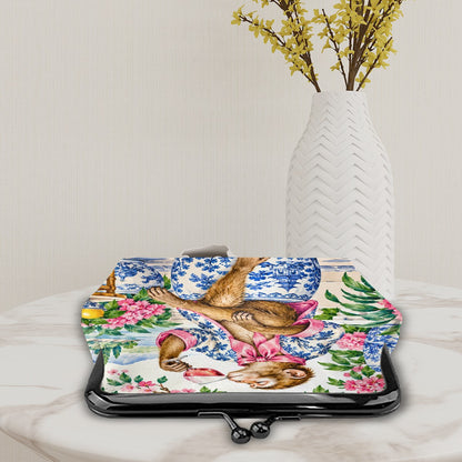 Garden Party Gone Wild Chinoiserie Monkey Women's Leather Kiss Lock Coin Purse
