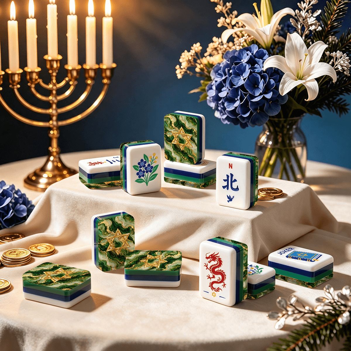 Green Marbled Star Of David Hanukkah Mahjong Tiles And Carry Case - Splash Of Mahj And Color Co.
