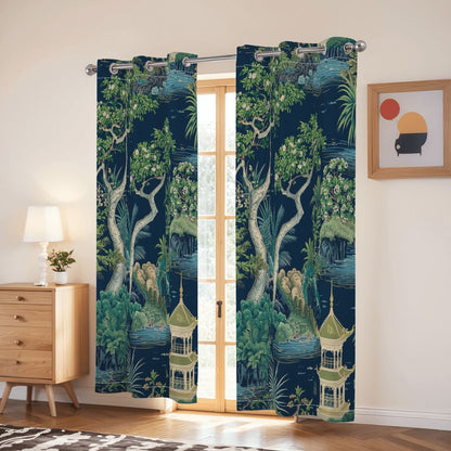 Asian Chinoiserie Royal Blue Zen Garden Pagoda Blackout Curtain Panels - Splash of Color Co.