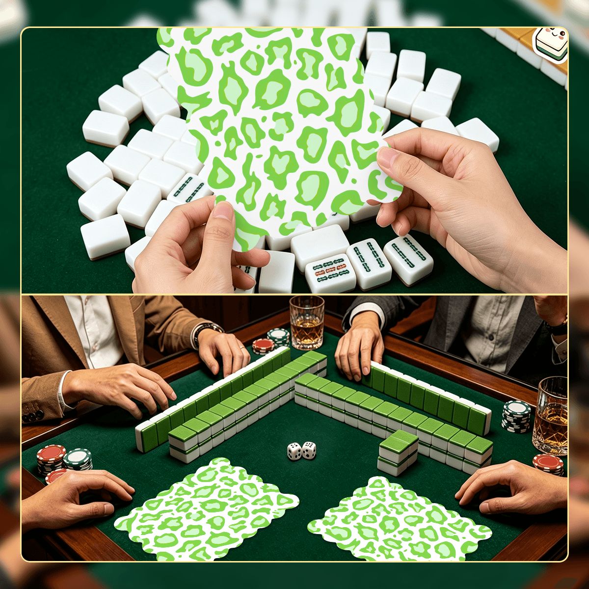 Lime Green Cheetah Print Scalloped Mahjong Shuffler Cards  Set of 4