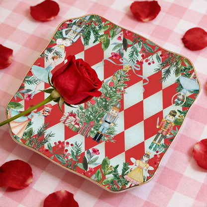 Harlequin Nutcracker Christmas Scalloped Ceramic Mahjong Dice Tray