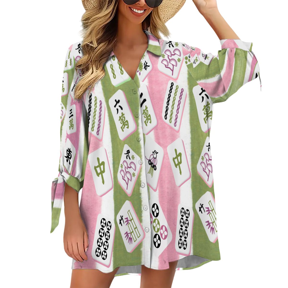 Mahjong Watercolor Tiles, Boho Women's Cardigan Shirt Three - Quarter Sleeve - Splash of Color Co.