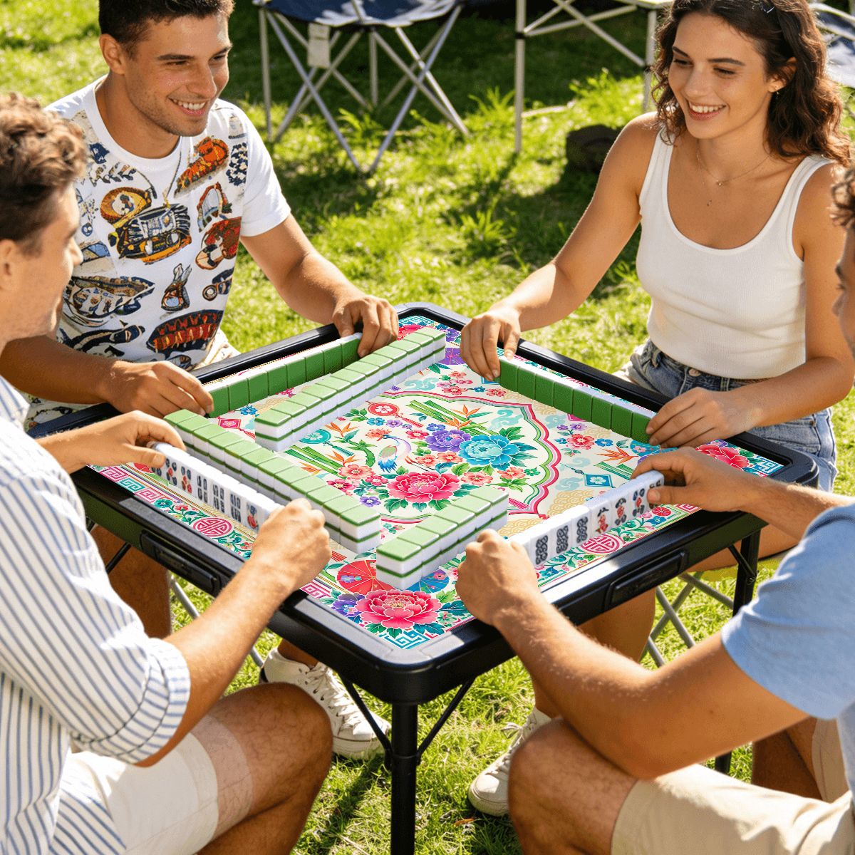 Peony And Parasols Custom Mini Mahjong Mat 20.9"x20.9" - Splash Of Mahj And Color Co.