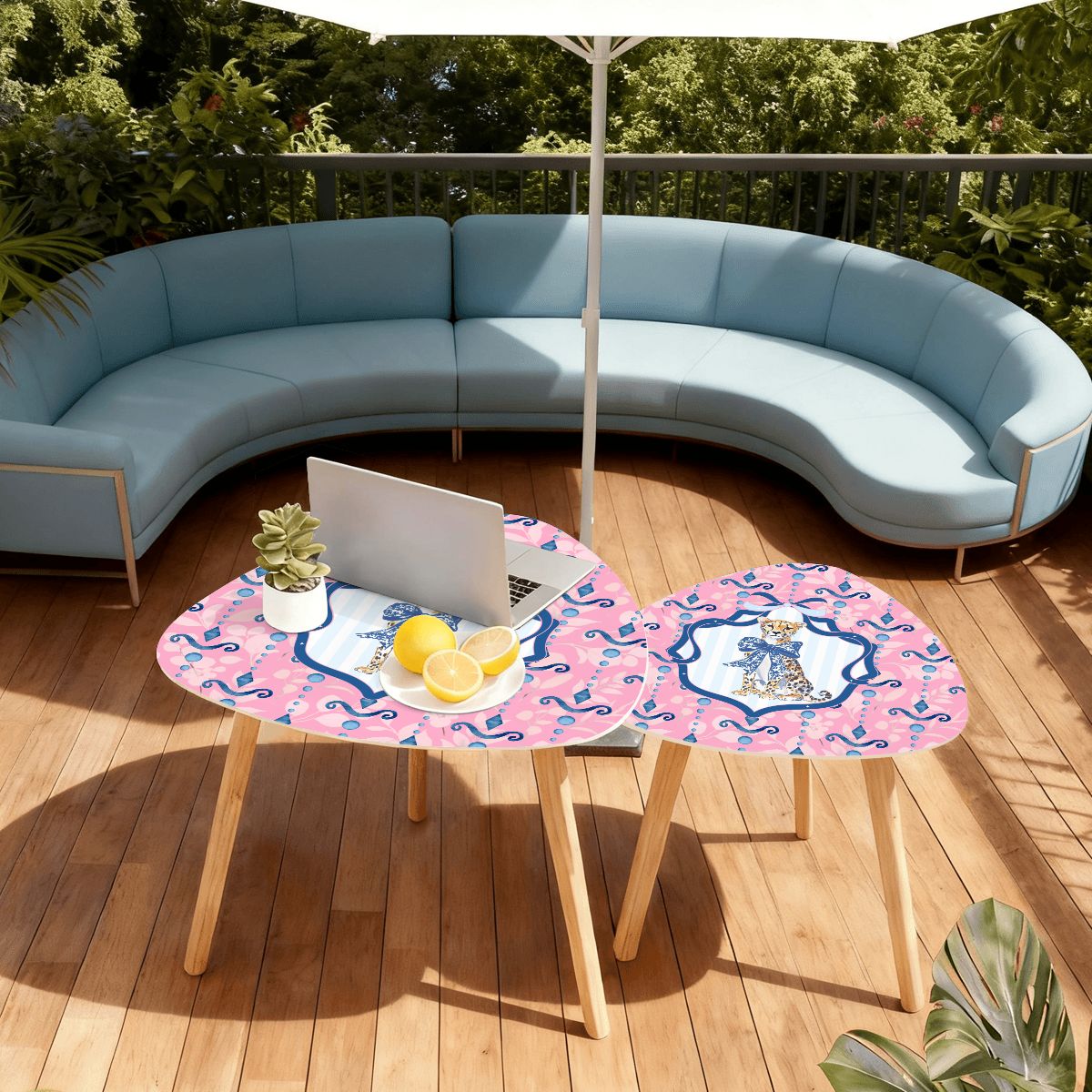 Charleston Cheetah Preppy Pink Blue Modern Nesting Tables - Splash of Color Co.