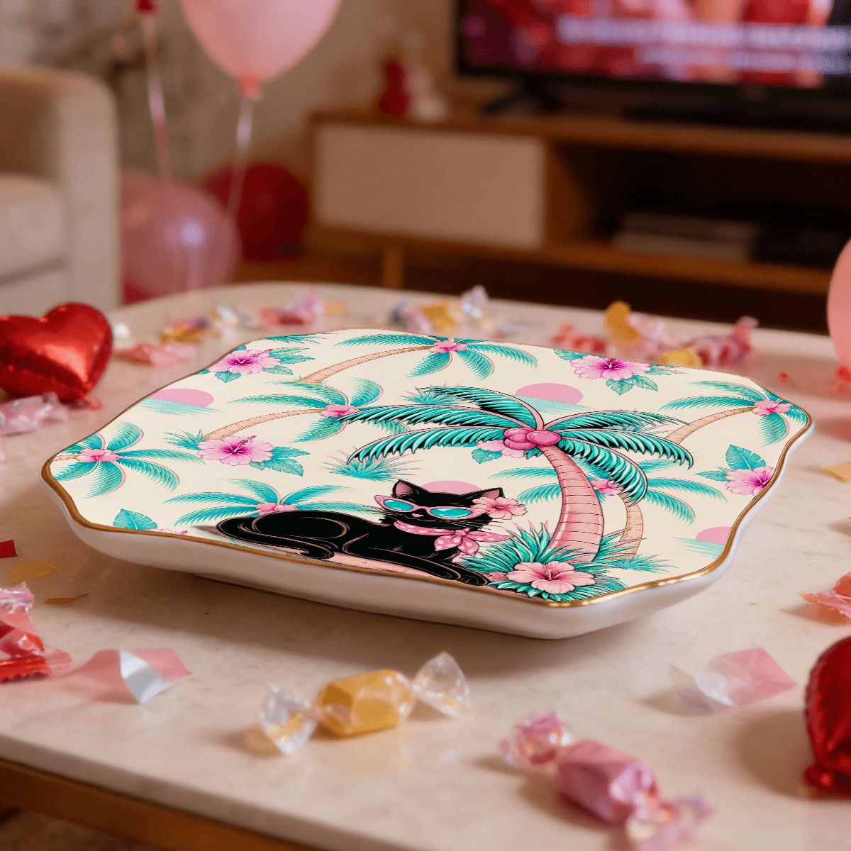 Meow Tropical Paradice Floral Scalloped Ceramic Mahjong Dice Tray