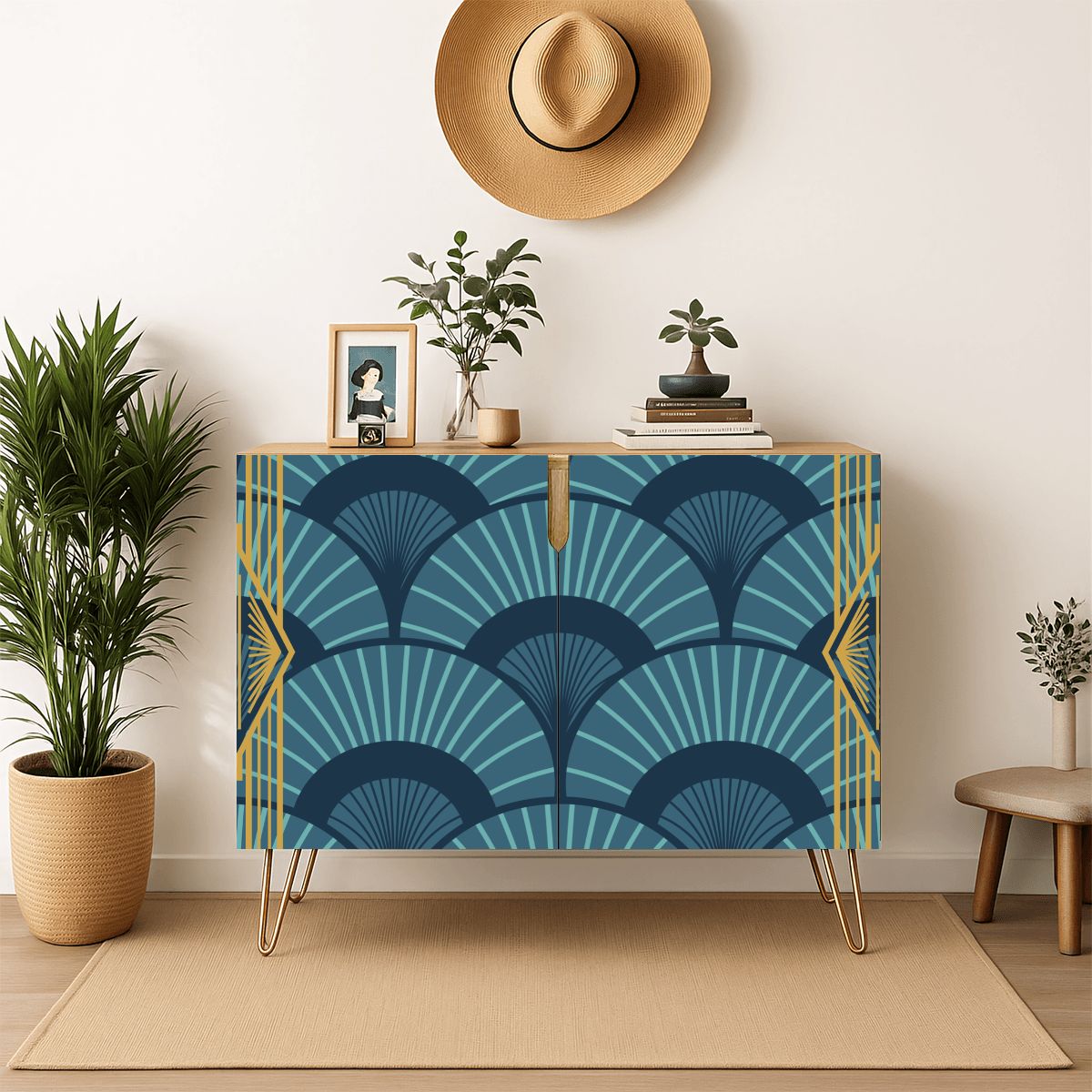 Art Deco Gold Gilded Royal Blue Modern Wooden Storage Cabinet - Splash of Color Co.