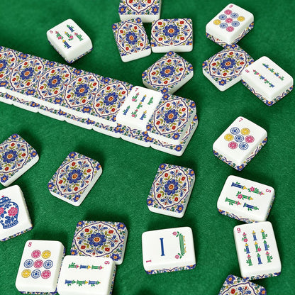 Blue Pottery Porcelain Engraved Chinoiserie Mahjong Tiles And Carry Case
