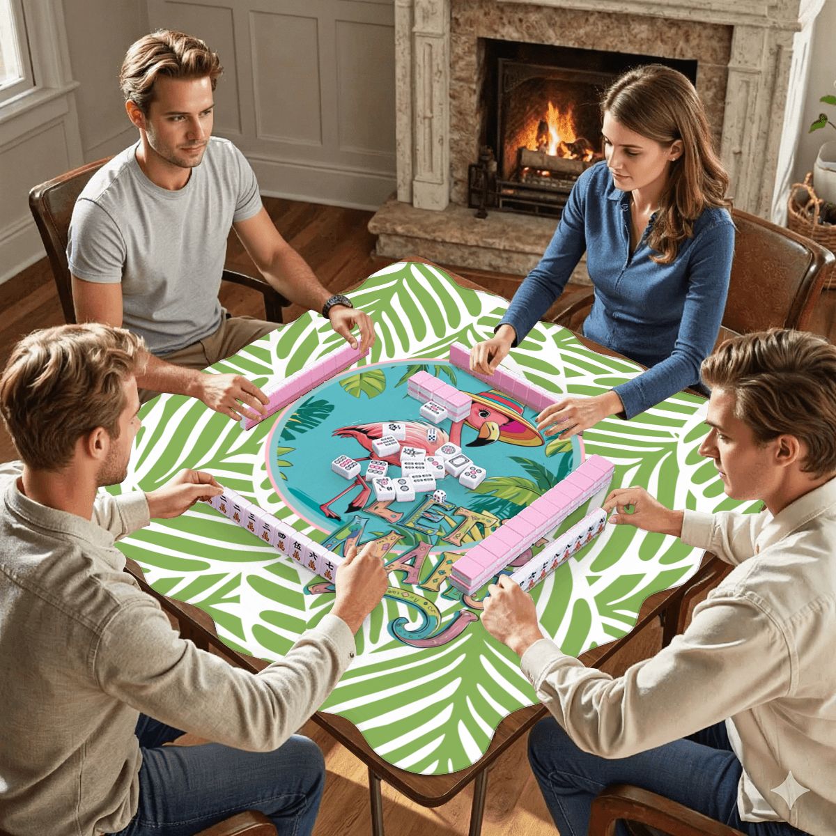 Tropical Flamingo Green And Pink Scalloped Mahjong Mat - Splash of Color Co.