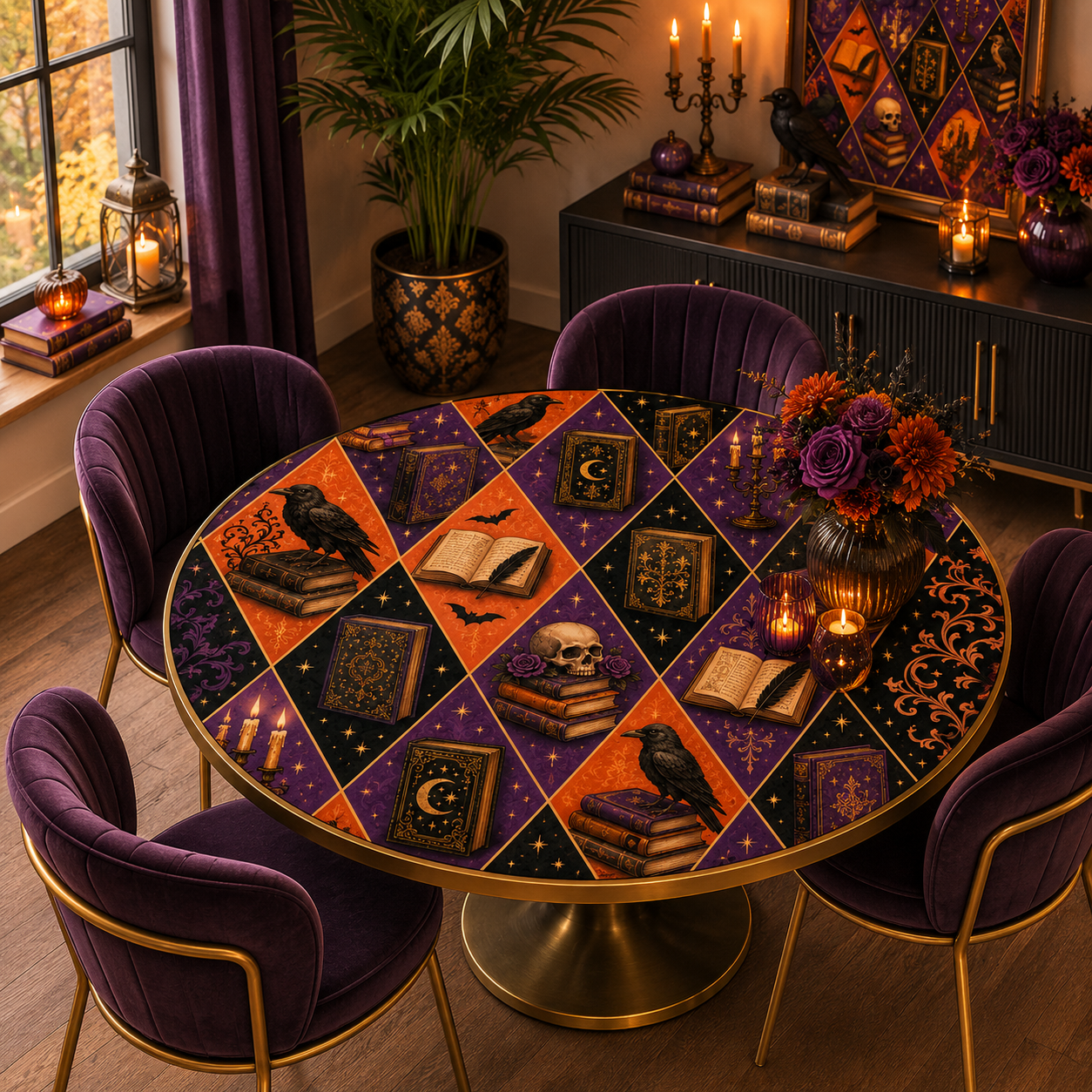 Harlequin Poe Halloween Fall Round Mahjong Mat