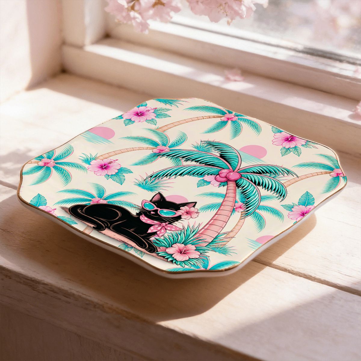 Meow Tropical Paradice Floral Scalloped Ceramic Mahjong Dice Tray