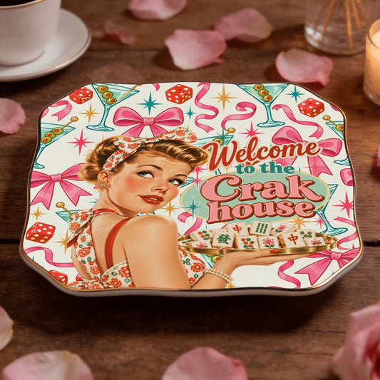 Funny Mahjong Scalloped Ceramic Mahjong Dice Tray Nostalgic Welcome To The Crak House - Splash Of Mahj And Color Co.