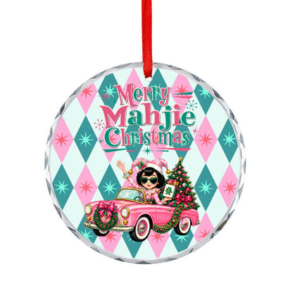 Merry Mahjie Christmas Pink And Teal Harlequin Round Glass Christmas Ornament