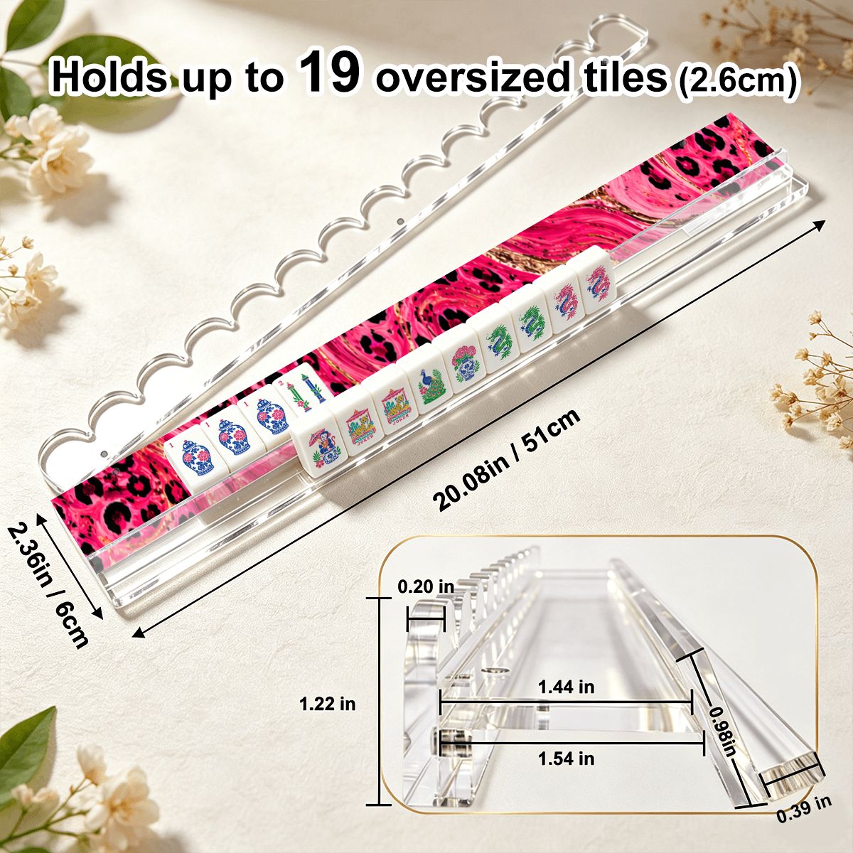 Leopard Luxe Hot Pink Extended Mahjong Rack Set of 4 Scalloped Magnetic Tile Pusher 20' - Splash Of Mahj And Color Co.