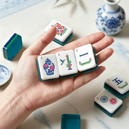 Antique Teal Chinoiserie Chic American Engraved Mahjong Tiles And Carry Case